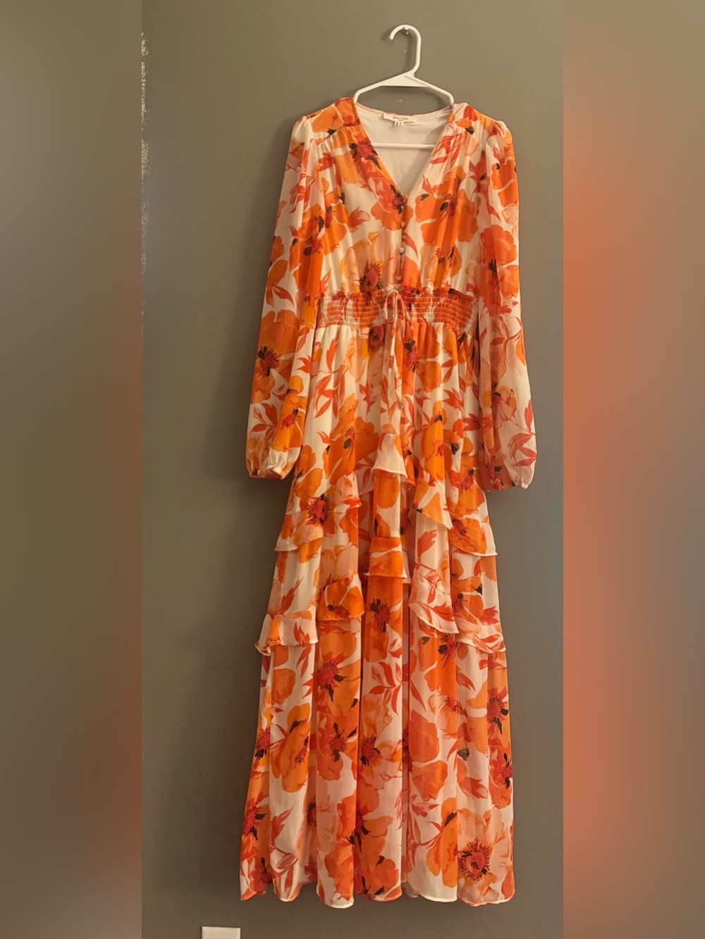Orange Floral Long-Sleeve Maxi Dress with Smocked Waist - Picture 3 of 4
